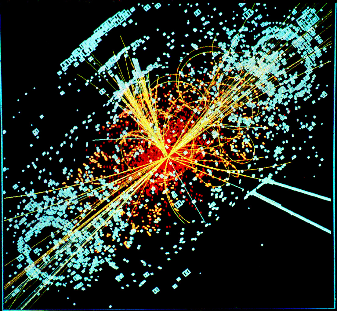 An example of simulated data modeled for the CMS particle detector on the Large Hadron Collider (LHC) at CERN. Here, following a collision of two protons, a Higgs boson is produced which decays into t