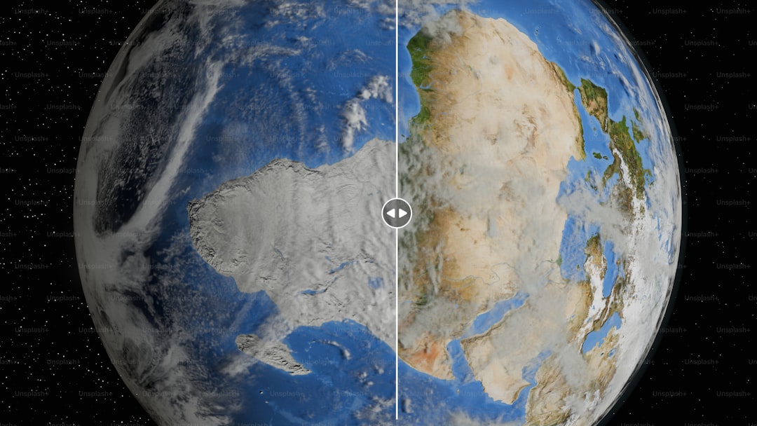 Split view of earth showing arctic ice and eurasia.